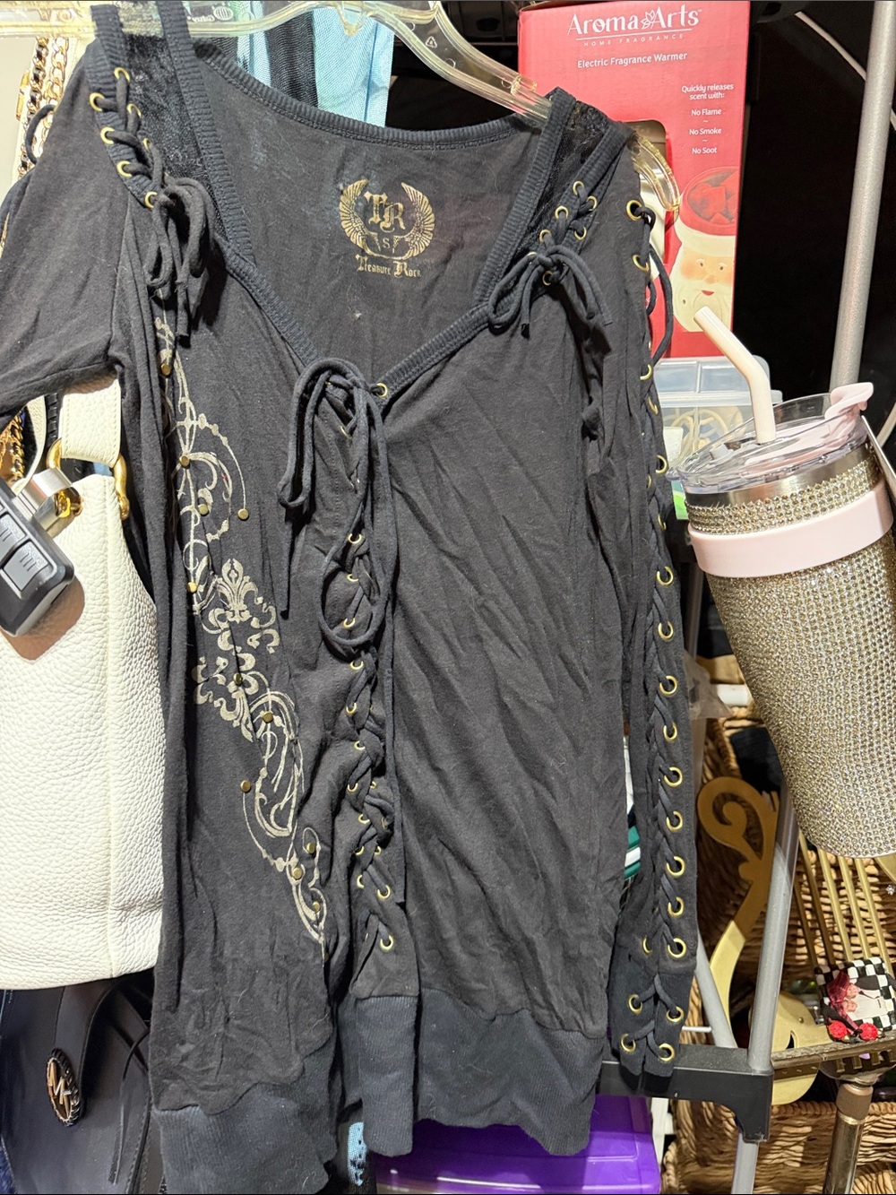 Black Lace-Up Long Sleeve Women's Top with Gold and silver detail